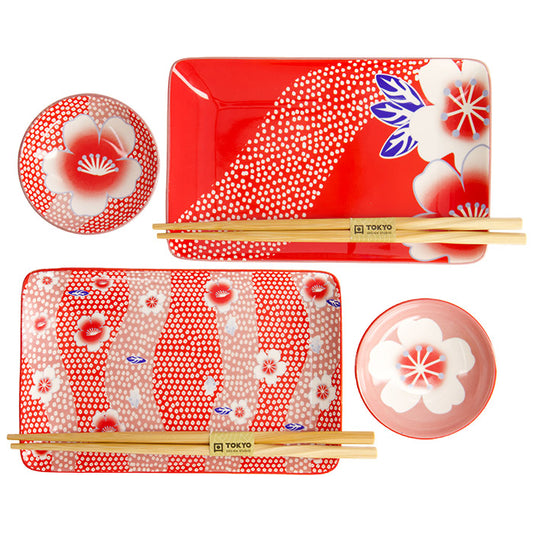 Kawaii Flower Sushi Plate Set4 w/Chop Red