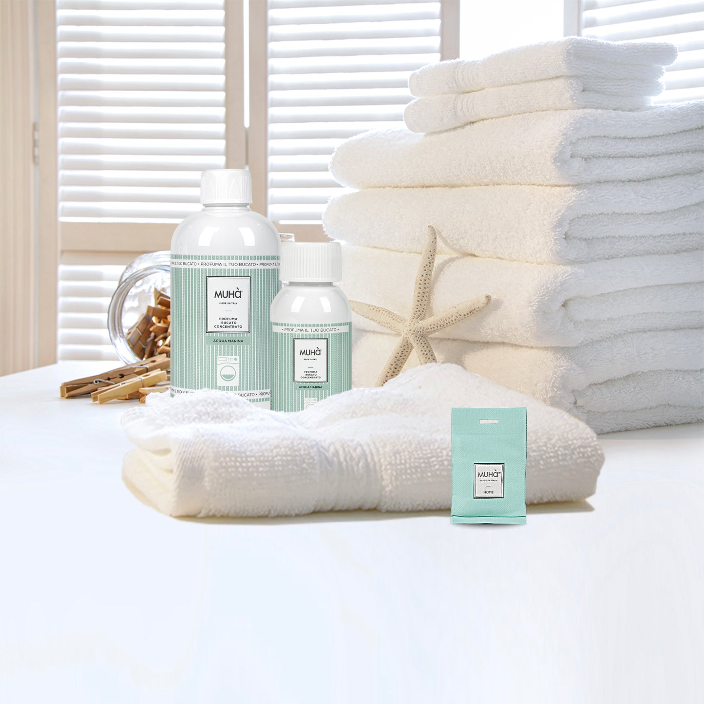 Profuma Bucato Acqua Marina – Agrumi frizzanti con gelsomino e lillà su fondo legnoso di sandalo e cedro per un effetto fresco e gioioso | Muhà