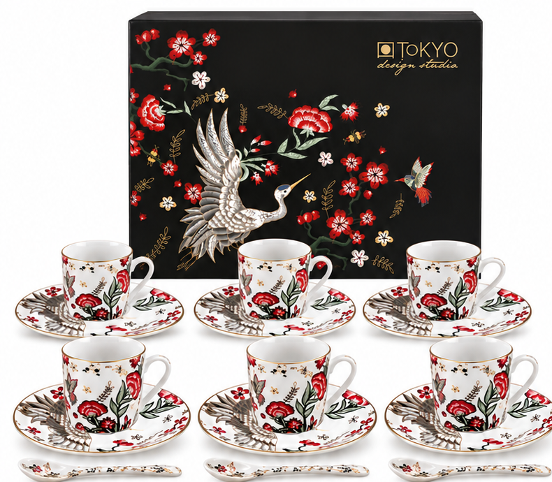 Mythical Crane Set Espresso 18 Pezzi – 6 Tazzine 60 ml con Piattini e Cucchiaini in Porcellana | Tokyo Design Studio