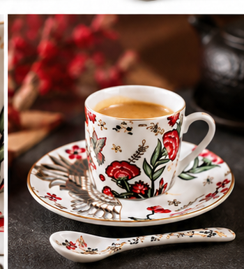 Mythical Crane Set Espresso 18 Pezzi – 6 Tazzine 60 ml con Piattini e Cucchiaini in Porcellana | Tokyo Design Studio