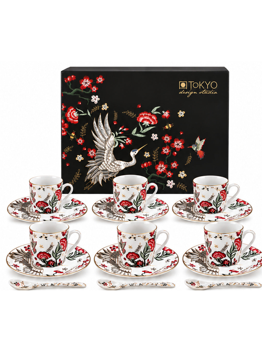 Mythical Crane Set Espresso 18 Pezzi – 6 Tazzine 60 ml con Piattini e Cucchiaini in Porcellana | Tokyo Design Studio