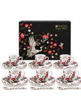 Mythical Crane Set Espresso 18 Pezzi – 6 Tazzine 60 ml con Piattini e Cucchiaini in Porcellana | Tokyo Design Studio