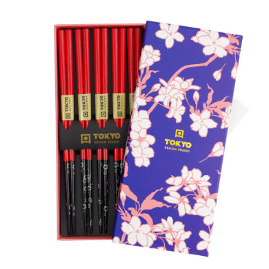 Set 5 Paia di Bacchette Red Black Flower | Tokyo Design Studio