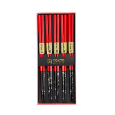 Set 5 Paia di Bacchette Red Black Flower | Tokyo Design Studio
