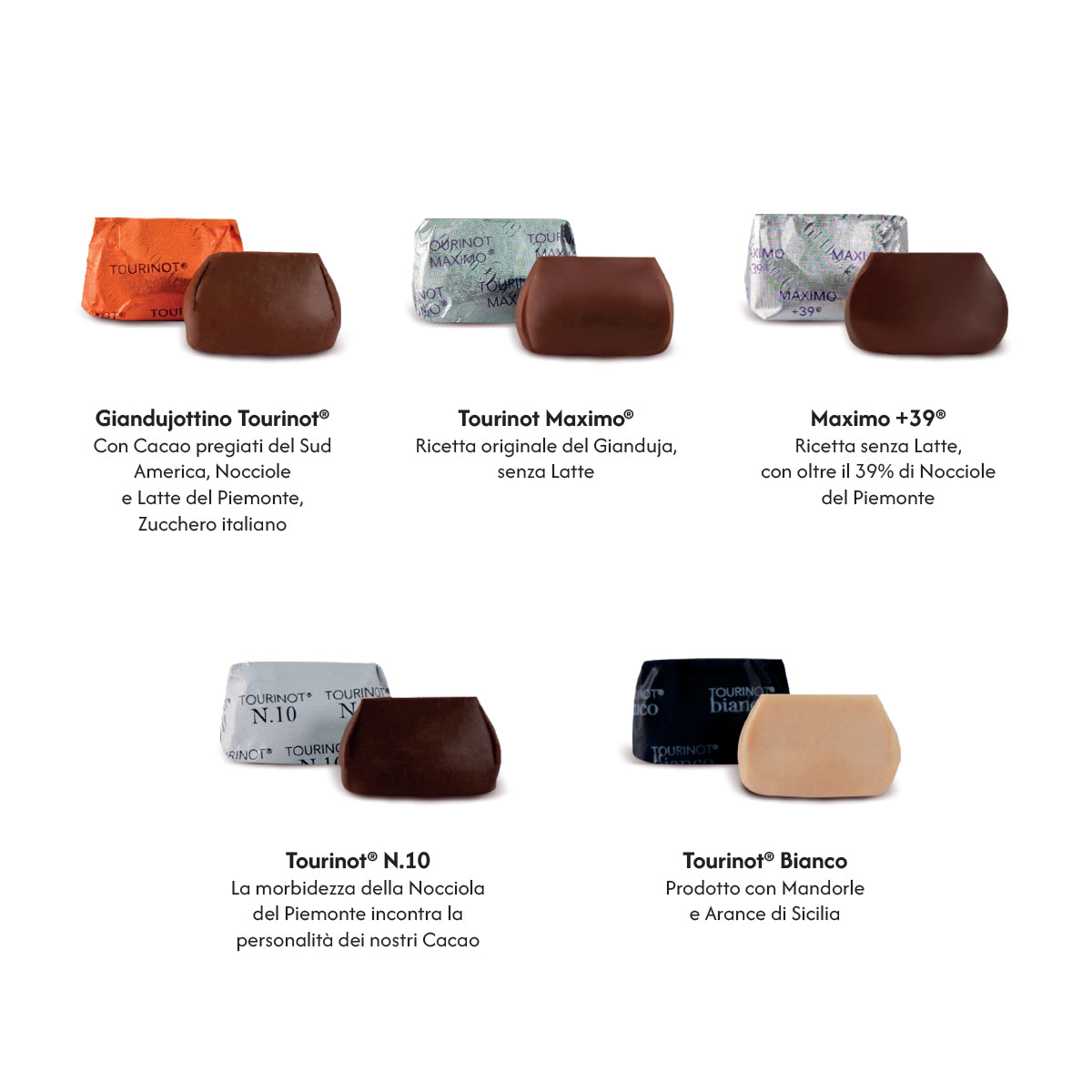 Assortimento 5 Tourinot 310 g – Scatola Regalo con Selezione di Cioccolatini Gianduja della Tradizione Torinese | Guido Gobino