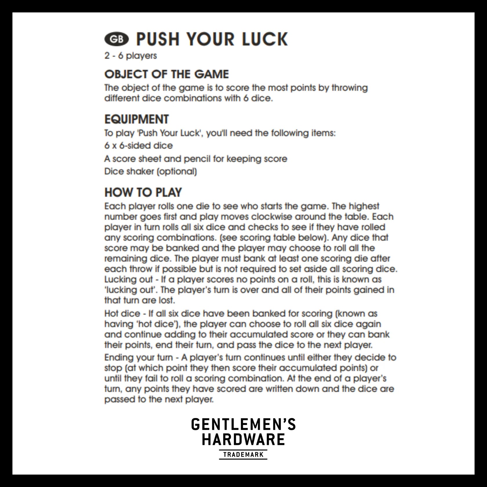 Push Your Luck Dice Game – Divertimento a dadi con astuccio in latta | Gentlemen’s Hardware