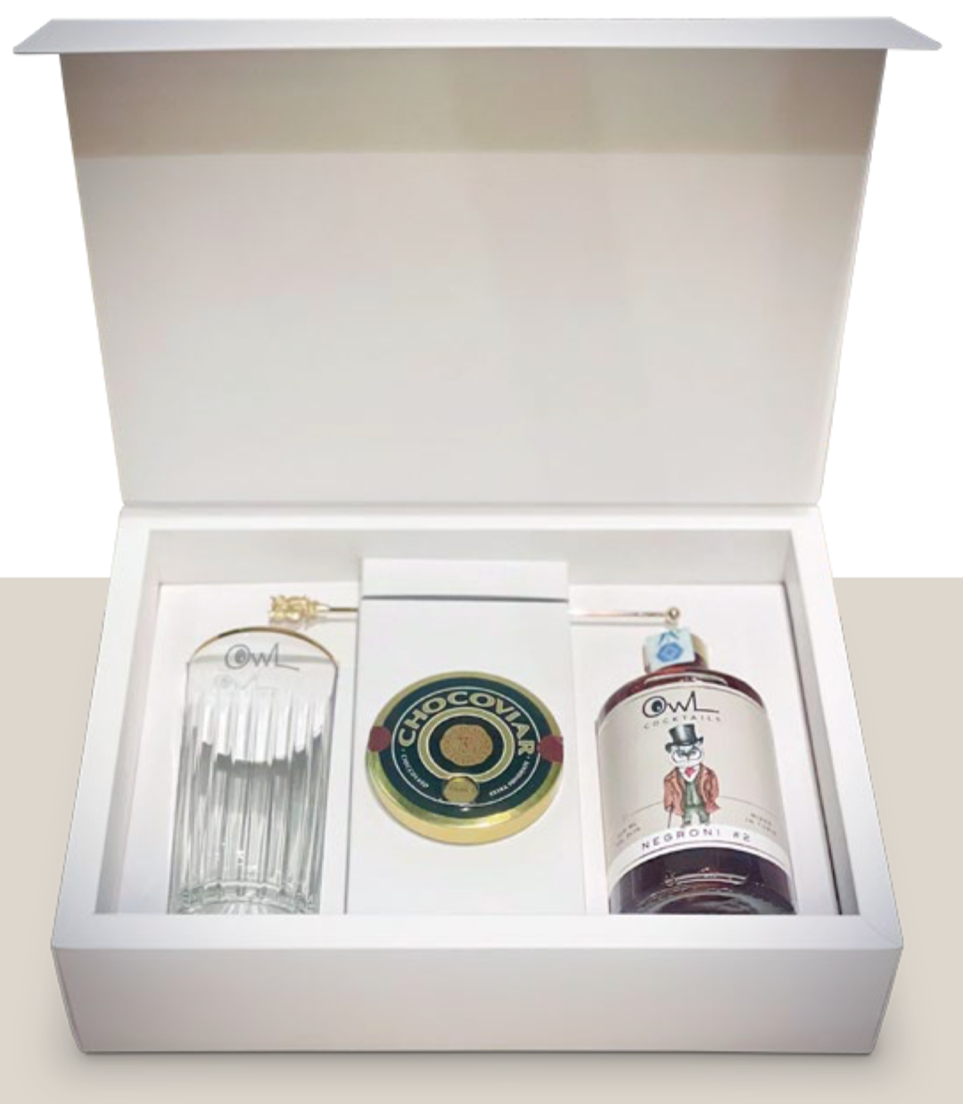 Cofanetto regalo OWL – Set cocktail con bicchiere, paletta e cioccocaviale Venchi