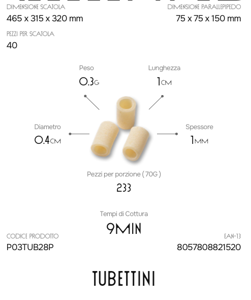 Parallelepipedo Tubettini 280g – Pasta di Semola Artigianale Trafilata al Bronzo | Pastai Sanniti