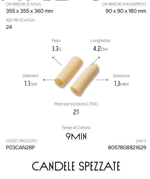Parallelepipedo Candele Spezzate 280gr – Pasta di Semola Trafilata al Bronzo | Pastai Sanniti