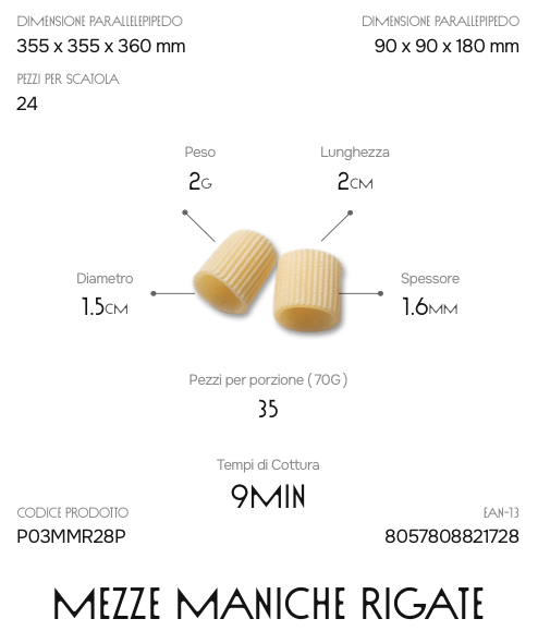 Parallelepipedo Mezze Maniche Rigate 280g – Pasta di Semola Trafilata al Bronzo | Pastai Sanniti
