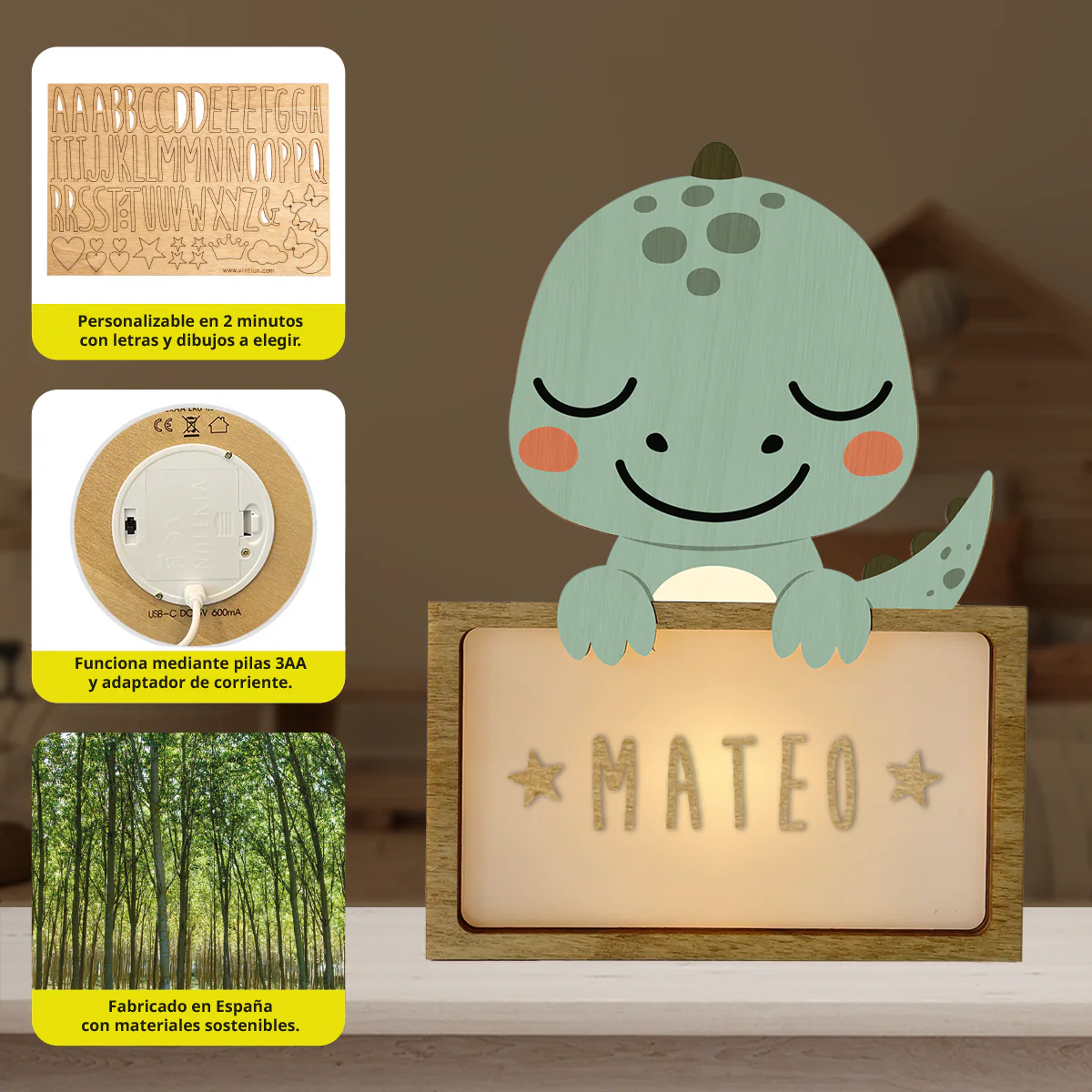 Lampada da tavolo bambino a forma di dinosauro personalizzabile con nome – Vintiun