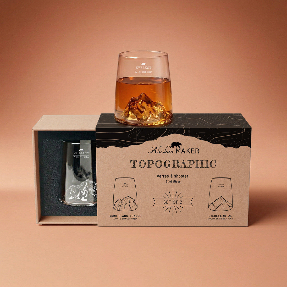 Set 2 Bicchierini Shot TOPOGRAPHIC con Montagne 3D | Alaskan Maker