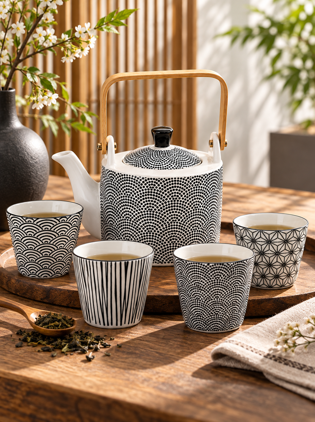 Tea Set Nippon Black 5 Pezzi – Teiera 800 ml con 4 Tazze in Porcellana | TOKYO DESIGN STUDIO