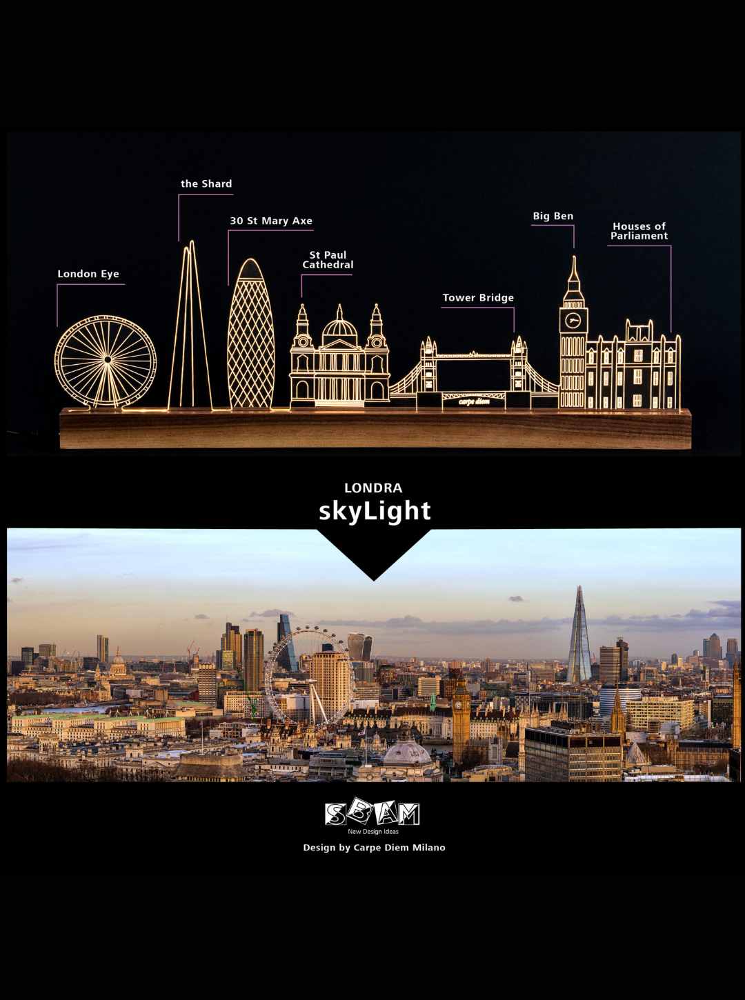 Sbam Design Skylight Maxi Londra– Lampada in plexiglas e legno, design moderno