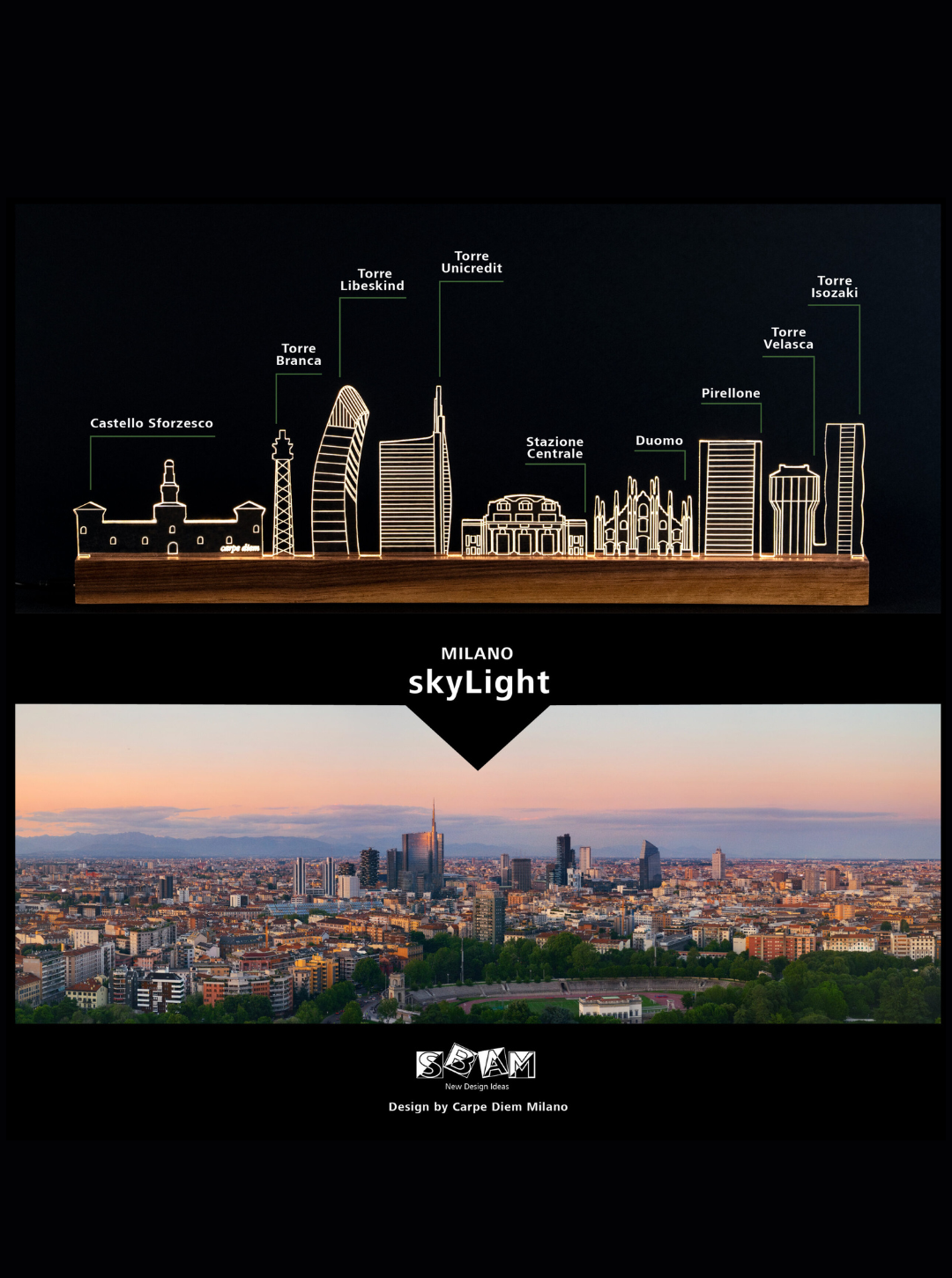 Sbam Design Skylight Milano – Lampada in plexiglas e legno, design moderno