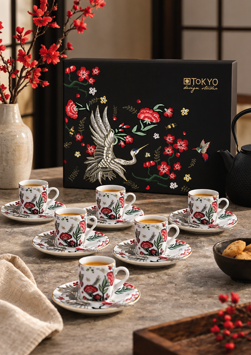 Mythical Crane Set Espresso 18 Pezzi – 6 Tazzine 60 ml con Piattini e Cucchiaini in Porcellana | Tokyo Design Studio