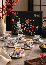 Mythical Crane Set Espresso 18 Pezzi – 6 Tazzine 60 ml con Piattini e Cucchiaini in Porcellana | Tokyo Design Studio