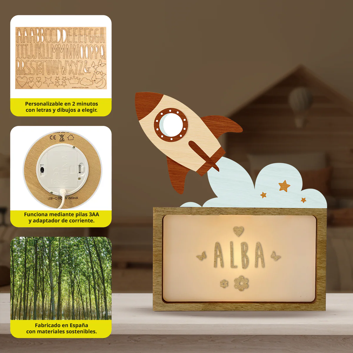 Lampada da tavolo bambino Razzo personalizzabile con nome – Vintiun