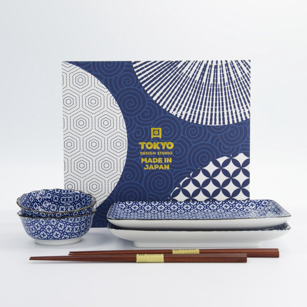 Sushi set di 6 pezzi n Porcellana Blu e Bianca con Bacchette - Sashiko | Tokyo Design Studio