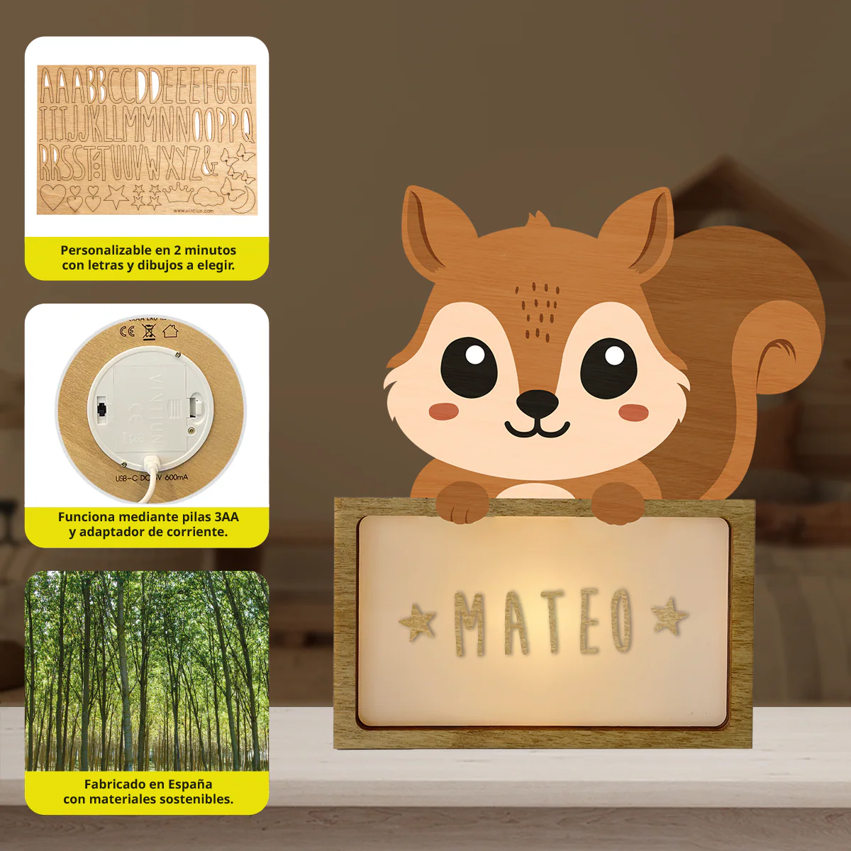 Lampada da tavolo bambino Scoiattolo personalizzabile con nome – Vintiun