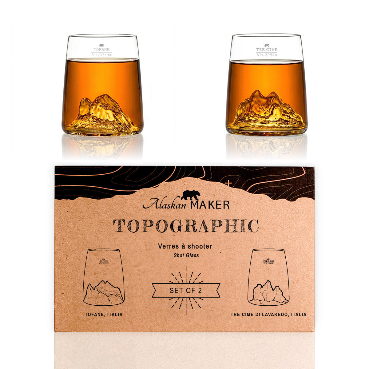 Set 2 Bicchierini Shot TOPOGRAPHIC con Montagne 3D | Alaskan Maker